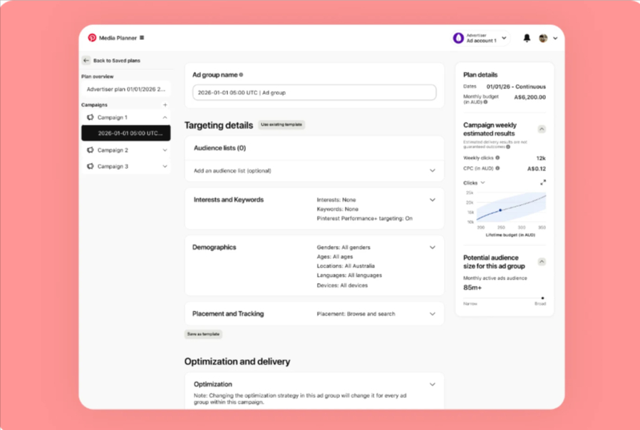 Pinterest's built-in Media Planner tool right inside Pinterest Ads Manager
