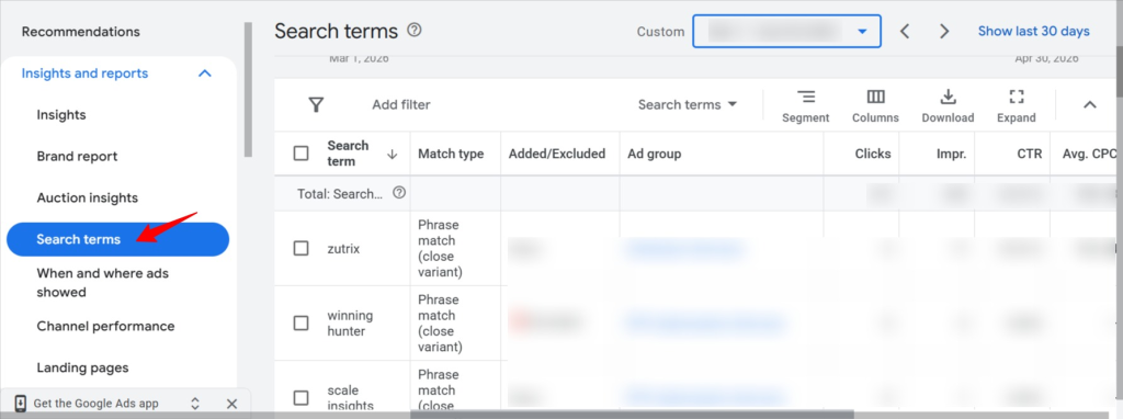 Search term report in Google ads