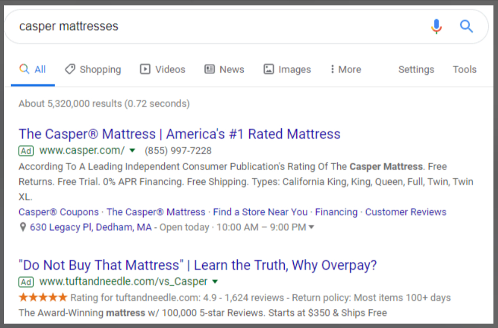 Google Ads ad copy on Google search